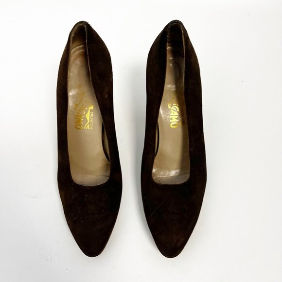 Salvatore Ferragamo Suede Leather Heels Pumps Brown Vintage Shoes Womens Sz 9 B - Picture 5 of 10